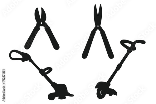 Silhouette set of garden trimmers and edgers vector illustration, black gardening tools icons, lawn care equipment, grass cutters, yard maintenance, outdoor landscaping design