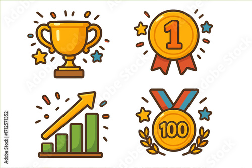 Achievement icon set. Vector cartoon trophy, medal, award. Milestone celebration and success reward symbols. First place winner cup, growth chart, golden badges collection.