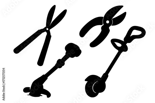 Silhouette set of garden trimmers and edgers, vector cartoon illustration with transparent background, garden landscaping tools, lawn maintenance equipment, gardening clipart