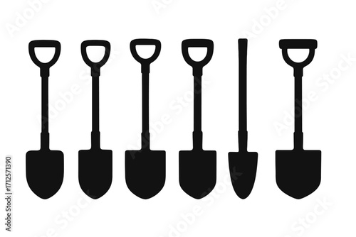 Silhouette set of six unique shovel designs for gardening, construction, digging tools, vector cartoon illustration, transparent background, ordered collection, black outlines