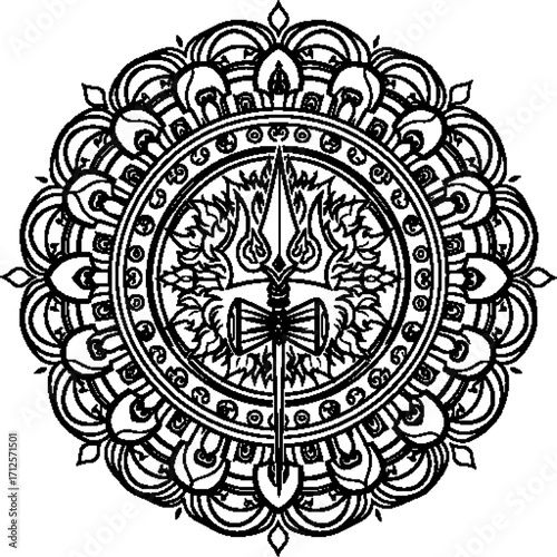 Mandala of God Shiva: Hand drawn trident, domru and spiritual symbols, vector art for book covers, packaging, cards, fashion, patterns, and other creative design projects.