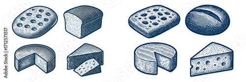 Different types of cheese and bread in a detailed hand-drawn style illustration