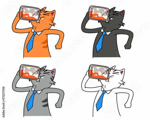 Cartoon illustration of cat character with blue tie in various activities and expressions. Comic style illustration set for mascot, stickers, meme, poster, banner. Animal as a salary in daily work