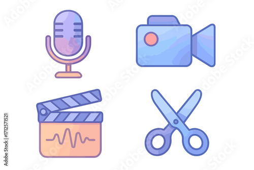 Soft gradient multimedia icons set for audio and video recording, editing, and production tools, vector cartoon illustration with transparent background, creative multimedia design elements