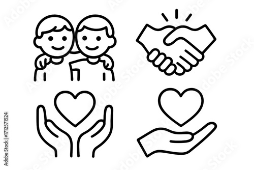Simple line art symbols of friendship and kindness in black and white, vector cartoon illustration set with handshake, caring hands holding heart, and two friends together, transparent background