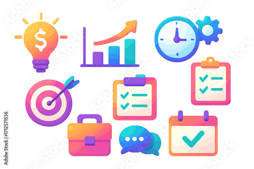 Colorful 3D icon set for business productivity, project and time management. Vector icons for startup growth, task planning, career goals, and financial success ideas.