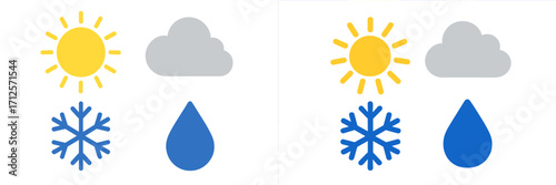 Weather symbols showing sunny and cloudy conditions with rain and snow illustrations in a simple design