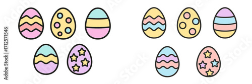 Colorful Easter eggs with playful designs in pastel shades on a bright background