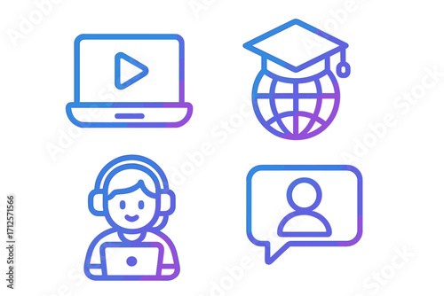 E-learning vector icon collection with colorful gradients. Symbols for online education, communication, webinar, video course, student support, and global university studies.