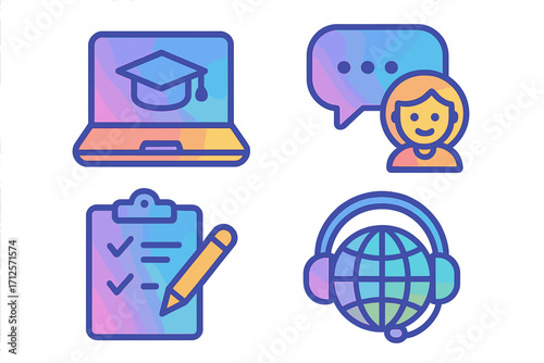 E-learning icon set. Colorful gradient vector icons for online education, communication, webinar, course. Cartoon illustration of graduation cap, support chat, and global service.