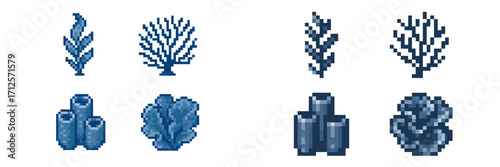 Colorful pixel art collection of various coral shapes and designs suitable for underwater scenes