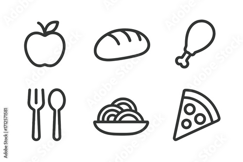 Simple linear food and cutlery icons set for minimalist design, featuring apple, bread, chicken drumstick, fork and spoon, spaghetti bowl, and pizza slice, vector illustration