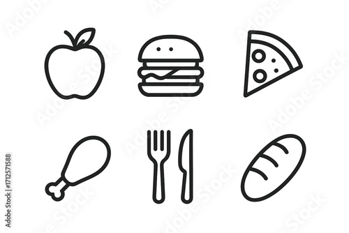 Simple linear food icons and cutlery set for minimalist design, vector cartoon illustration, transparent background, apple, burger, pizza, chicken leg, fork, knife, bread, ordered collection