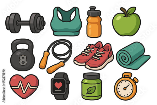 Stylish fitness icons collection with gym equipment, workout accessories, healthy lifestyle essentials, sports gear, cardio tools, nutrition, and wellness symbols in cartoon vector illustration