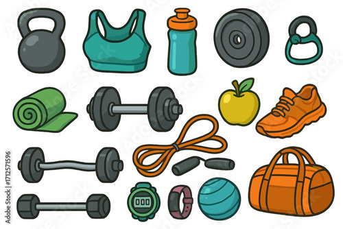 Stylish fitness icons and equipment set for healthy lifestyle, workout accessories, gym essentials vector cartoon illustration, sports gear, exercise tools collection, transparent background