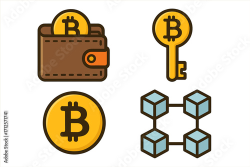 Cryptocurrency vector icon set with Bitcoin coin, digital wallet, and blockchain symbols. Financial technology and decentralized crypto finance concept. Cartoon illustration.