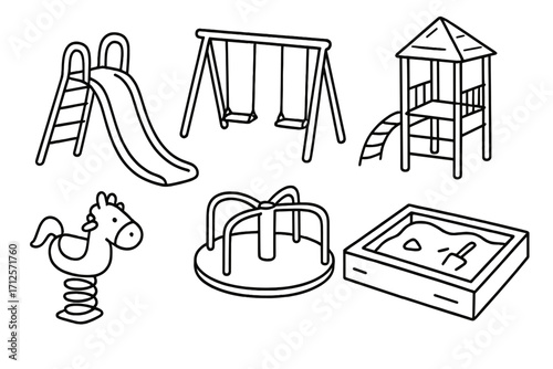 Playground elements collection line art. Park recreation equipment set. Kids play area icons. Slide, swing, sandbox, carousel, spring rider vector outline illustration.