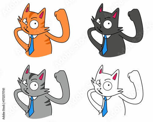 Cartoon illustration of cat character with blue tie in various activities and expressions. Comic style illustration set for mascot, stickers, meme, poster, banner. Animal as a salary in daily work