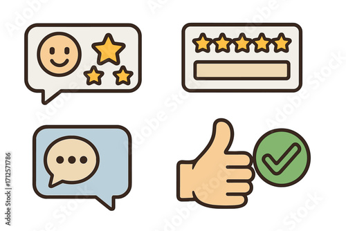 Customer feedback icons for review and rating. Communication and approval symbols. Vector cartoon illustration for satisfaction, quality service, and positive experience.