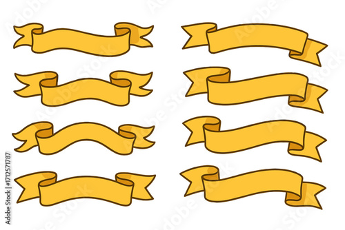 Set of yellow ribbons banner collection. Blank decorative scroll for text. Golden award tag label element. Vintage retro style design. Vector cartoon illustration isolated.