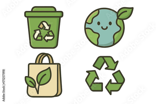 Eco-friendly icon set for sustainability and recycling. Green living concept symbols. Vector illustration of planet earth, reusable bag, and recycle bin for conservation.