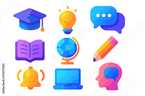 Education and communication icon collection. Vector symbols for e-learning, school, business. Includes graduation cap, lightbulb, globe, book, chat, laptop. Modern gradient.