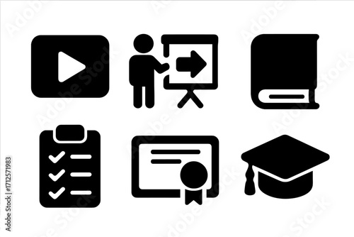 Education icon set for e-learning, online course. Video, presentation, book, checklist, certificate, graduate cap icons. Concept for training, study, knowledge, achievement.