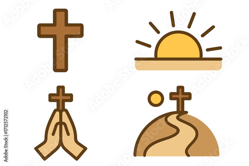Religious flat icon set. Christian symbols of faith, hope, prayer. Vector cross, praying hands, sunrise, spiritual journey to god. Easter salvation cartoon illustration.