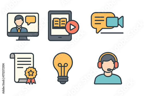 Online learning and communication icon set. Flat vector illustrations for e-learning, webinar, and business training concepts. Icons for video conference, online course, and support.