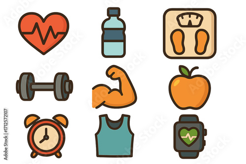 Health and fitness icon set for apps. Vector cartoon illustration collection. Healthy lifestyle, sport, workout, gym symbols. Cardio, nutrition, weight loss, training concepts.