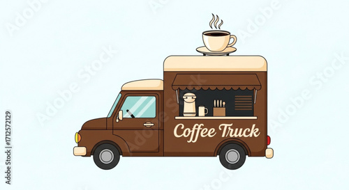 A charming coffee truck illustration, , featuring a steaming cup on top, inviting design for cafe or food service promotion