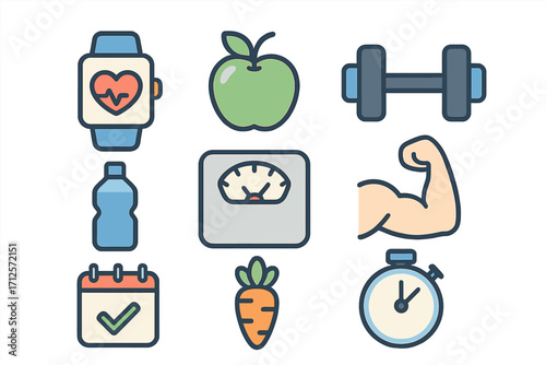 Health and fitness flat icon set. Vector cartoon illustration for wellness apps and modern devices. Healthy lifestyle concept with sport, diet, nutrition, and workout symbols.