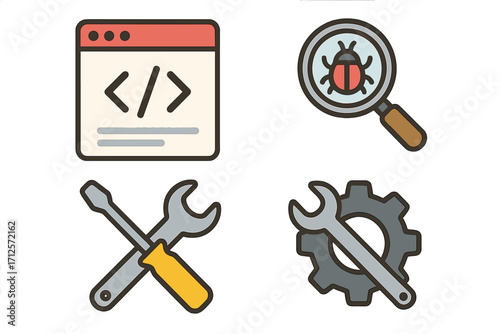 Flat style icon collection for web development, coding, and bug fixing. Vector illustration of programming tools, settings, tech support, debugging, and QA testing symbols.