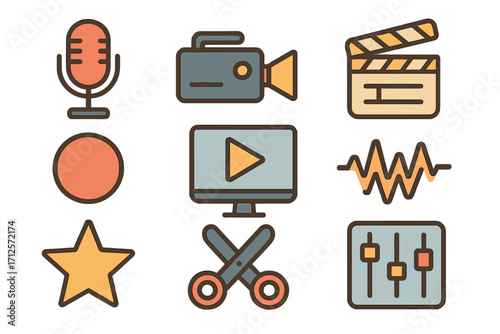 Multimedia icon set for video and audio production. Flat vector illustration for recording, editing, and filmmaking. Includes microphone, camera, clapperboard, and mixer.