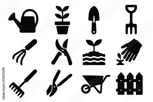 Gardening icon set. Black silhouette vector illustration of garden tools and equipment. Collection for horticulture includes rake, shovel, watering can, plant, seedling.