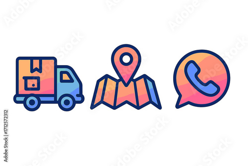 Gradient icons for delivery, navigation, communication. Vector cartoon set. Logistics, shipping service. GPS location, map pin. Customer support, contact us, phone call symbol.
