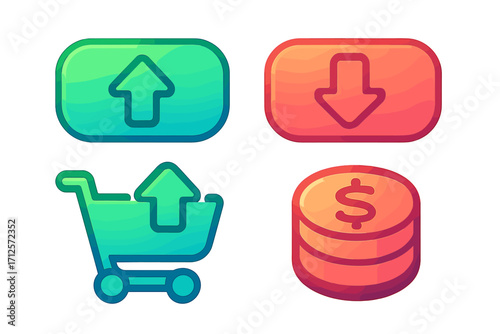 Vector cartoon icon set for finance and trading apps. Gradient buy and sell symbols. Trendy up and down arrow buttons, shopping cart, and dollar coins illustration.