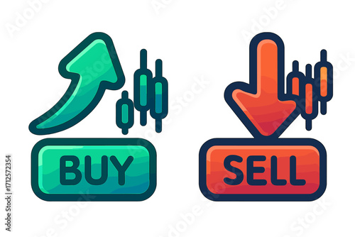Buy and sell buttons for trading app. Vector icons with arrows up and down, candlestick chart. Stock market, forex, crypto concept. Bullish and bearish signals symbols.