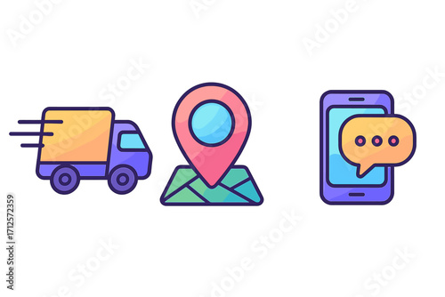 Delivery service icons. Fast truck for shipping, GPS map pin for navigation, and phone chat for communication. E-commerce logistics and order tracking vector symbol set.