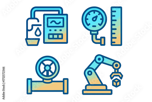 Industrial automation gradient icon set. Vector symbols for fluid control, calibration, pressure gauge, valve, pipeline, and robotic arm used in manufacturing and factories.