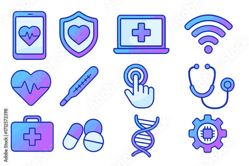 Digital health and telemedicine icon set. Gradient medical technology for online doctor consultation. Vector cartoon illustration of healthcare symbols, dna, pill and heart.
