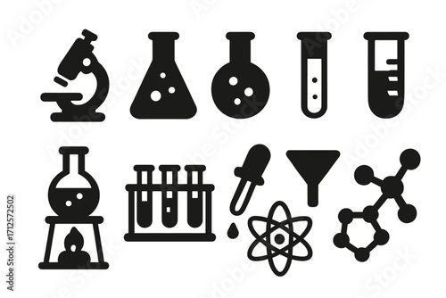 Science and chemistry lab equipment icons set. Minimalist silhouette vector illustration of microscope, test tube, flask, beaker, atom, molecule for scientific research.