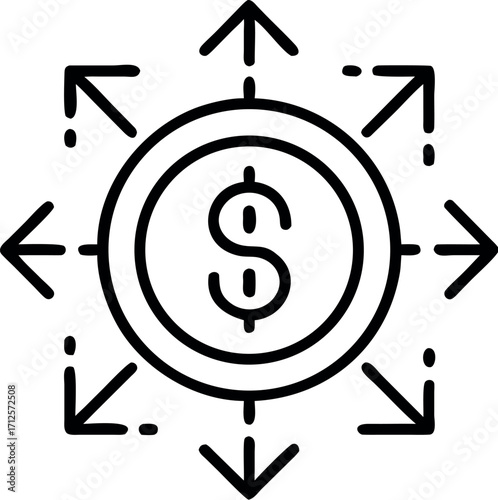 Vector art of dollar coin with outward arrows illustration design