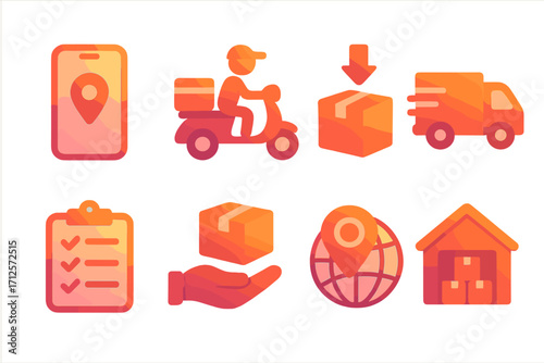 Logistics and delivery icon set for online services. Gradient style vector icons for shipping, e-commerce, and transport. Includes courier, truck, tracking, and warehouse symbols.