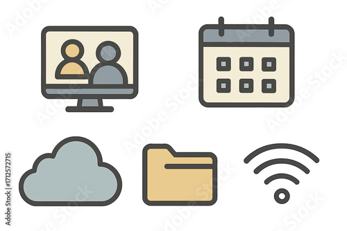 Business and technology icon set. Flat vector symbols for web and mobile. Online meeting, video conference, calendar, cloud data, folder, and wifi internet connection concept.