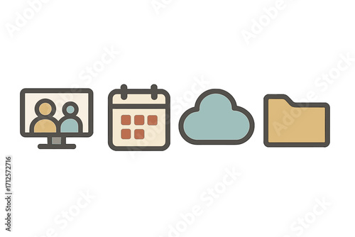Set of minimalist flat icons for business and communication. Vector symbols for online meeting, video call, calendar schedule, cloud storage, and file folder management.
