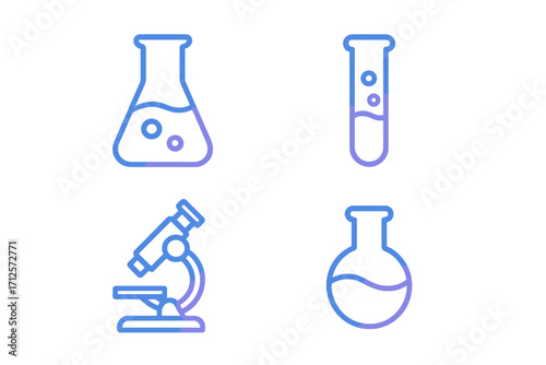 Minimalist gradient lab equipment icons set with microscope, flask, test tube, and round-bottom flask for scientific research, laboratory experiments, chemistry tools vector cartoon illustration