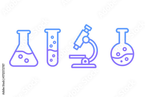 Science and chemistry lab equipment icon set. Minimalist vector line art of microscope, test tube, erlenmeyer and florence flask for research or medical analysis concept.