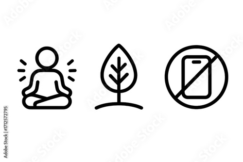 Minimalist vector icons for mindfulness meditation, nature leaf symbol, technology-free living concept, wellness, digital detox, mental clarity, calm lifestyle design, transparent background