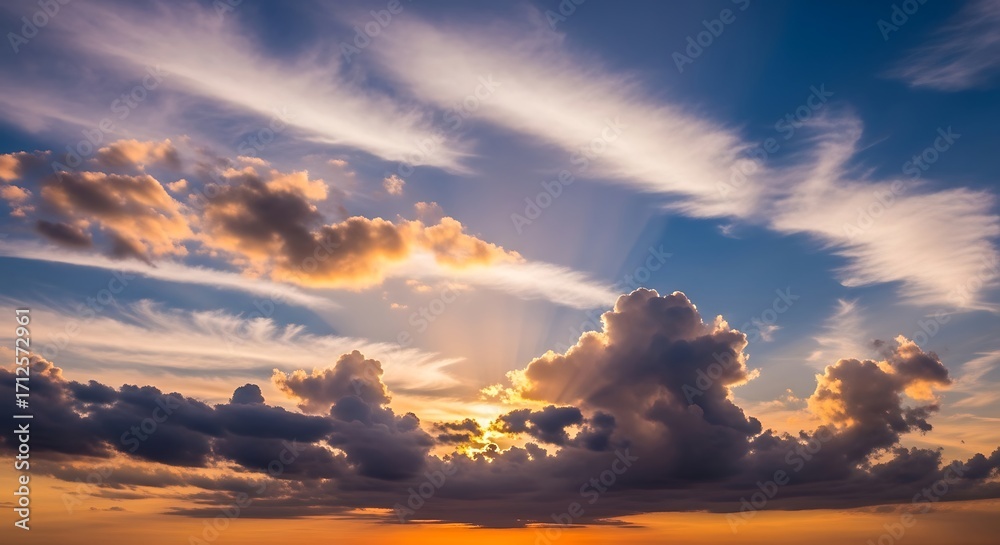 Obraz premium Dramatic Sky at Sunset with Clouds and Golden Light.